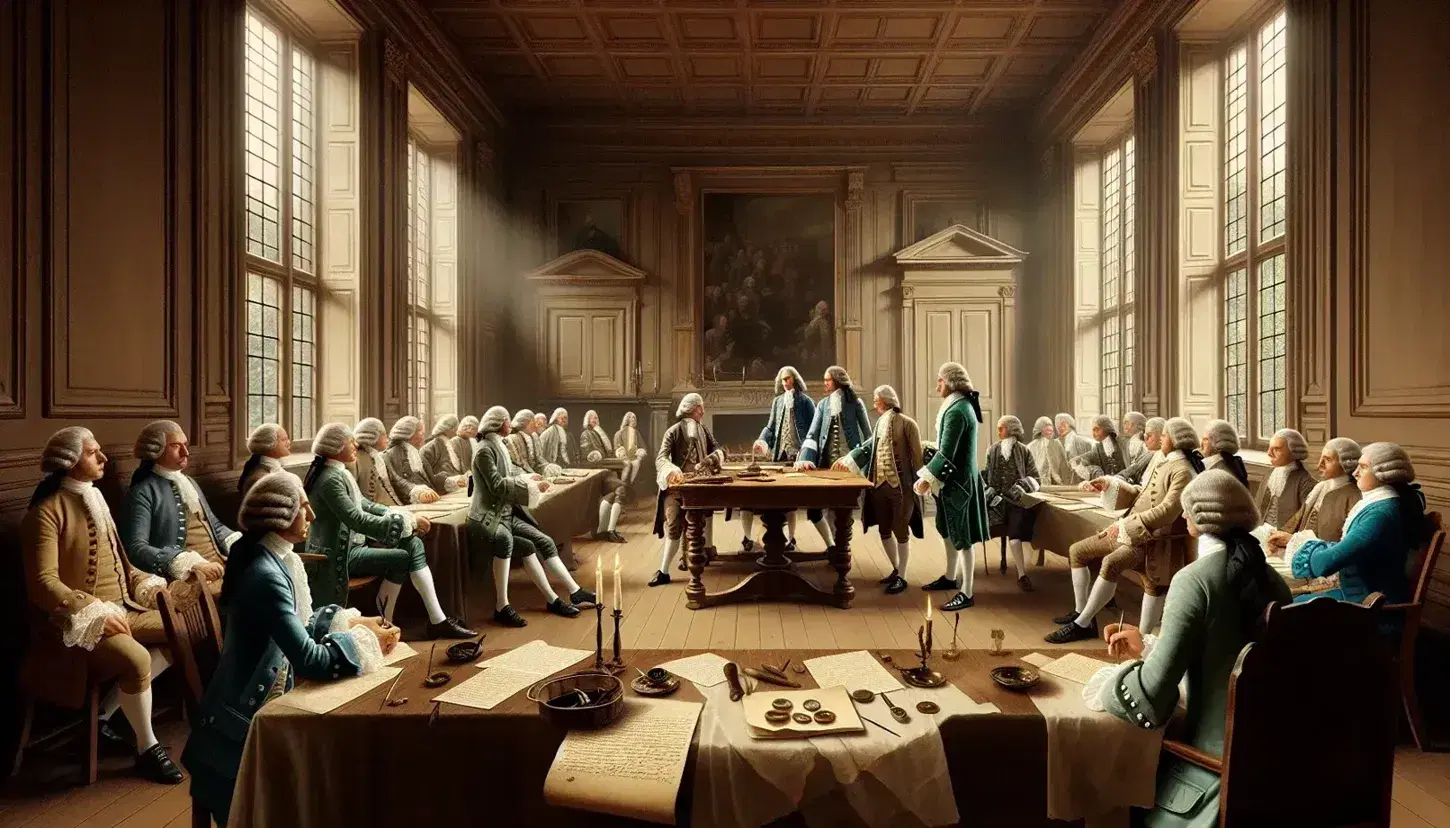 18th-century gathering scene with individuals in period attire around a central table adorned with parchments and quill pens, in a room with tall windows and a large fireplace.