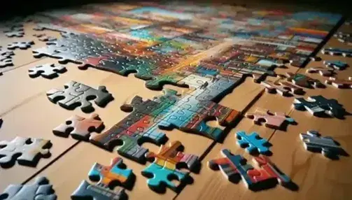 Close-up view of a partially completed jigsaw puzzle with multicolored pieces on a wooden table, some pieces flipped showing cardboard.