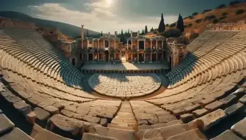 Teatro griego antiguo al aire libre con asientos semicirculares escalonados, orquesta circular y escena con columnas, bajo un cielo azul despejado.