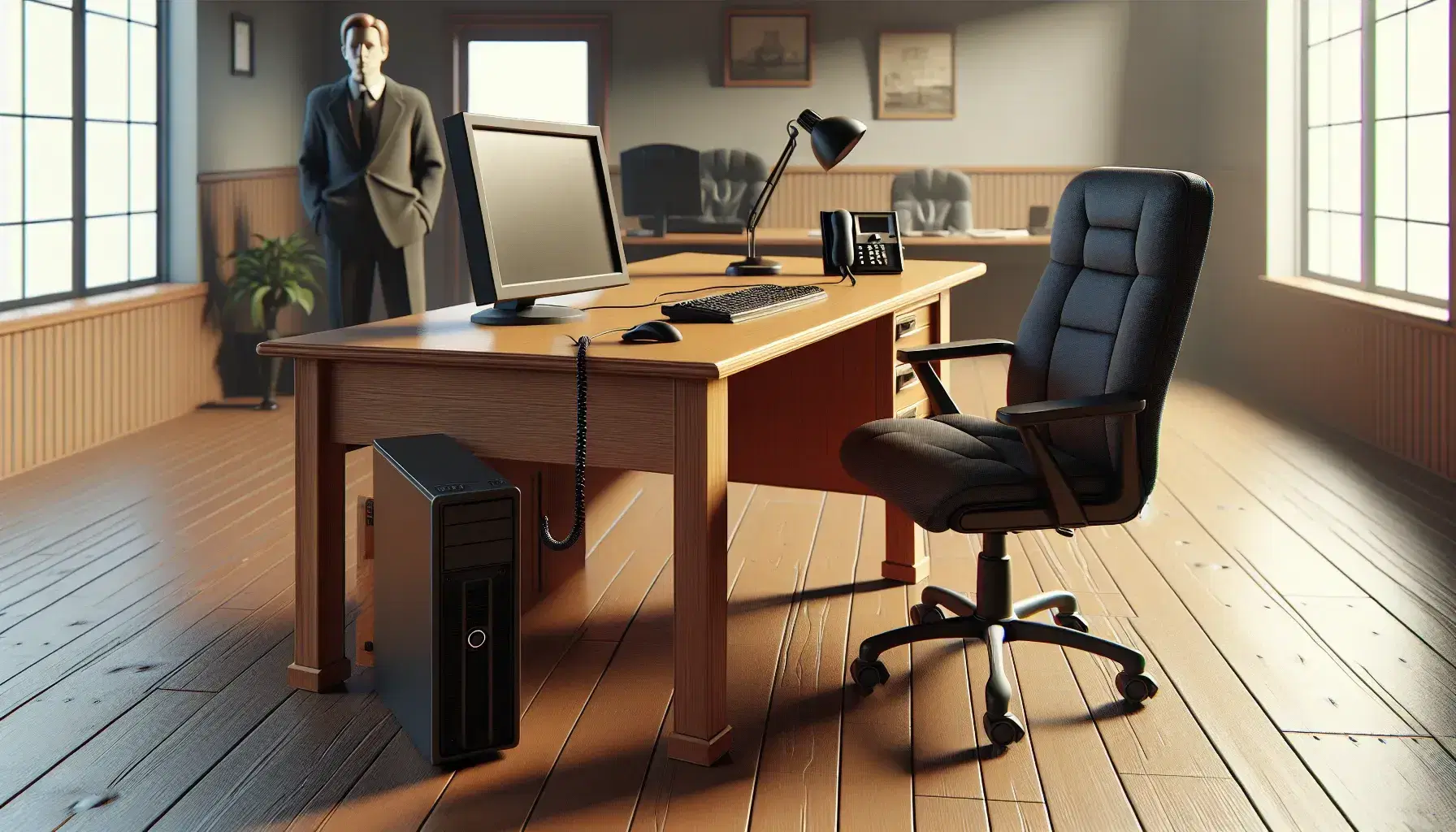 Escena de oficina con escritorio de madera, computadora de escritorio, teléfono negro y silla de oficina azul, con una persona de pie al fondo.