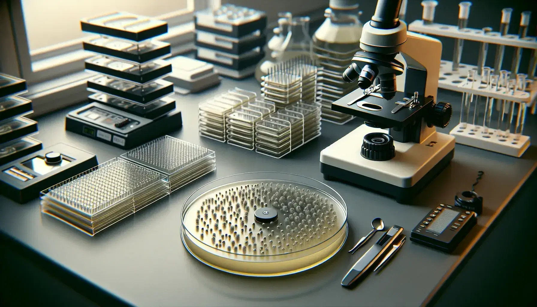 Science laboratory with microscope, slides, multi-well plate, digital pipette and centrifuge in background, on tidy workbench.