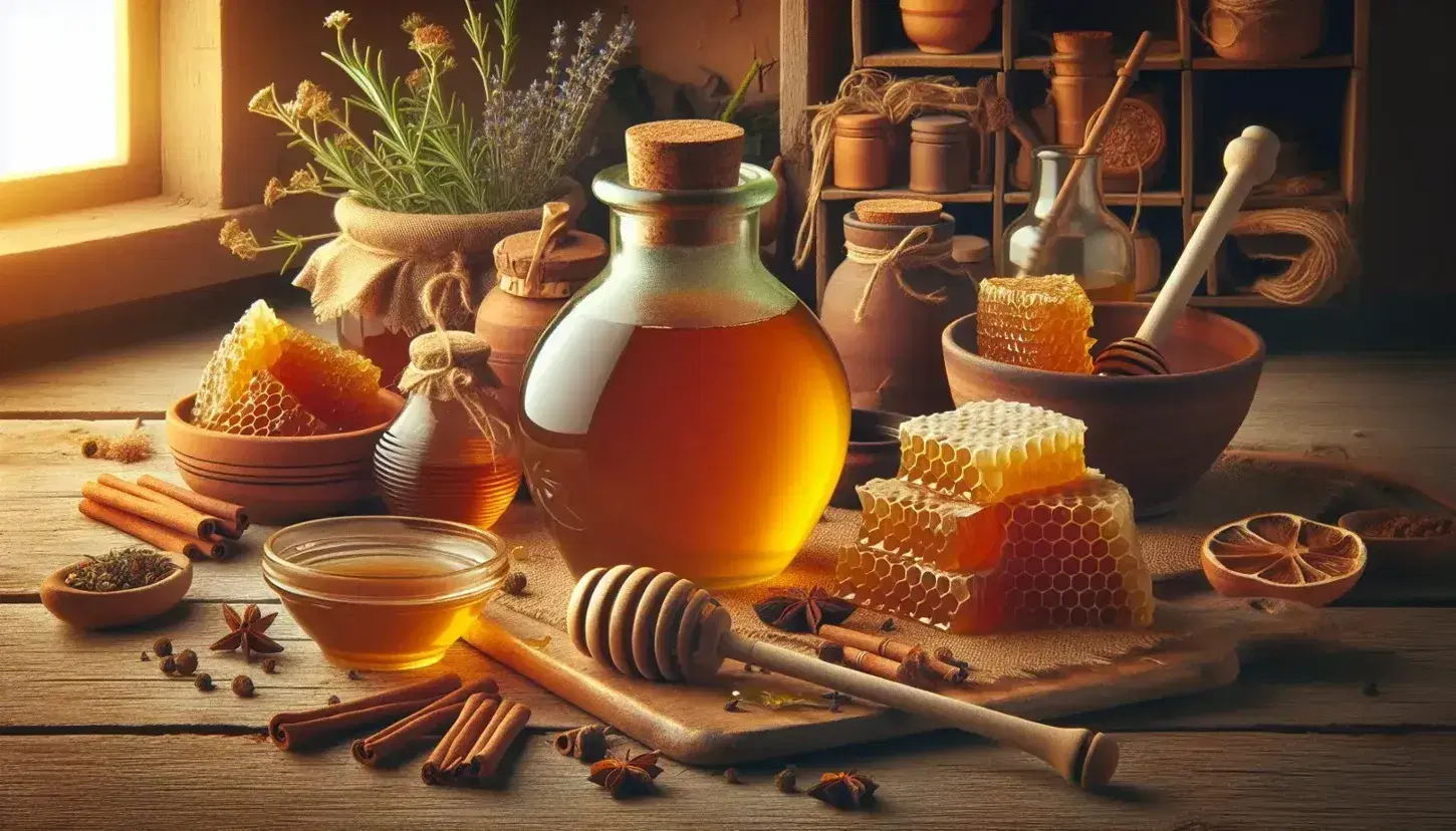 Rustic wooden table with mead-making supplies, including a glass jar of golden mead, honeycombs, herbs, a honey dipper, and assorted spices.