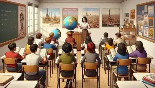 Hispanic female teacher explaining a concept to diverse students in a classroom with a globe and French landmarks posters.