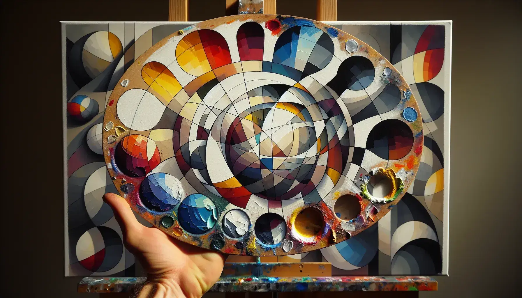 Paleta de pintor ovalada con manchas de pintura multicolor en mano, frente a lienzo con formas geométricas abstractas y juego de perspectiva.