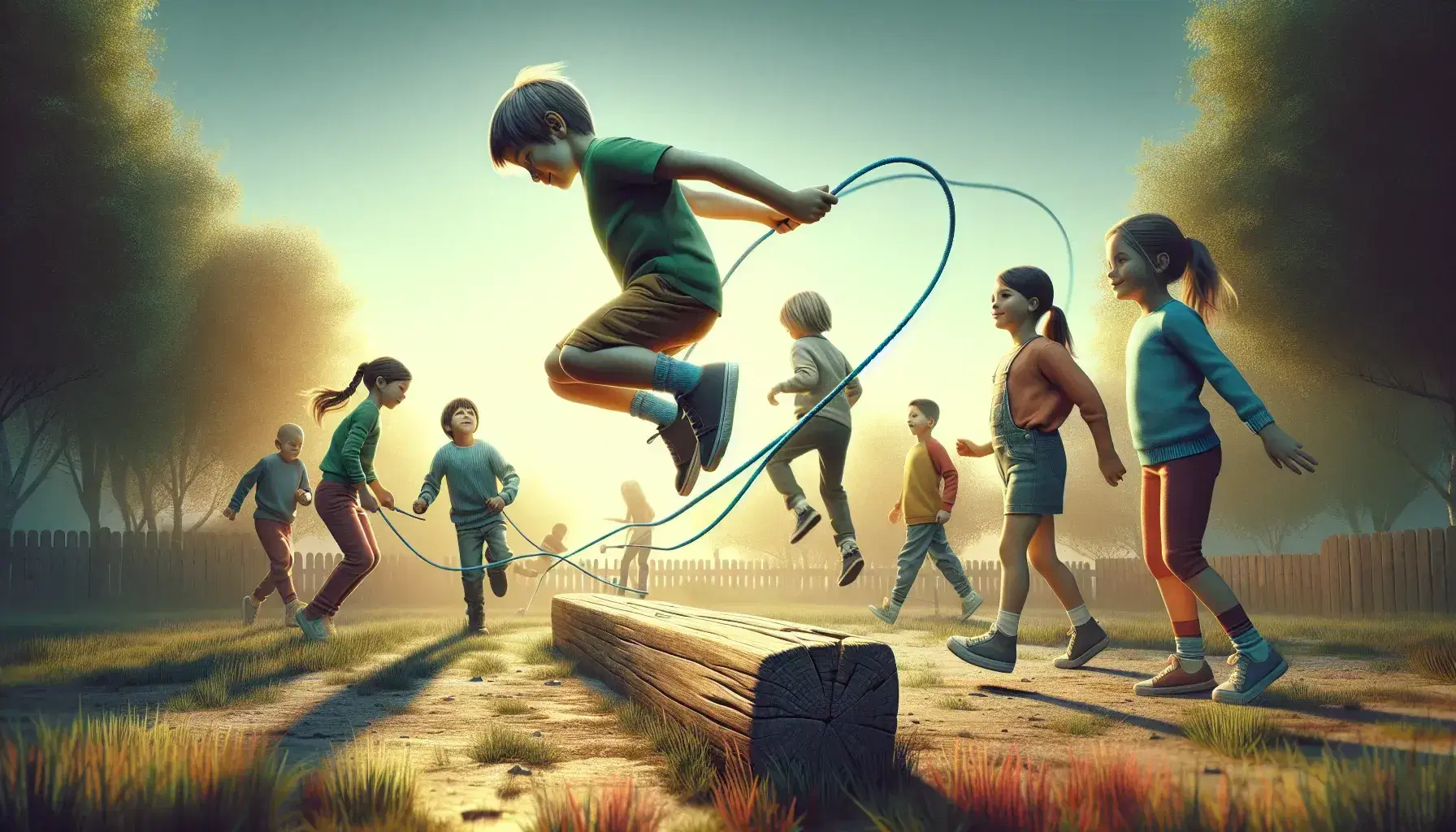 Niños jugando al aire libre en un parque, uno saltando la cuerda y dos equilibrándose en un tronco, con otros corriendo en el fondo.