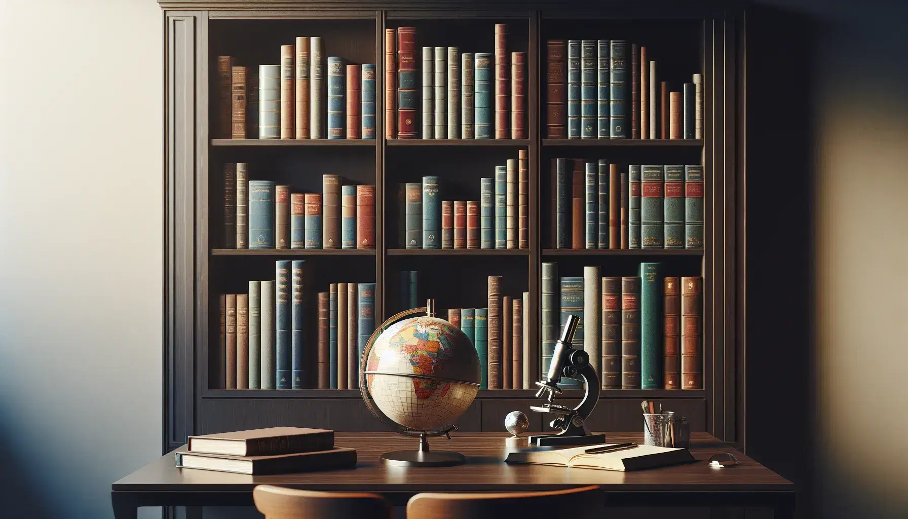 Estantería de madera oscura repleta de libros variados junto a mesa con globo terráqueo pastel y microscopio plateado en ambiente de estudio.