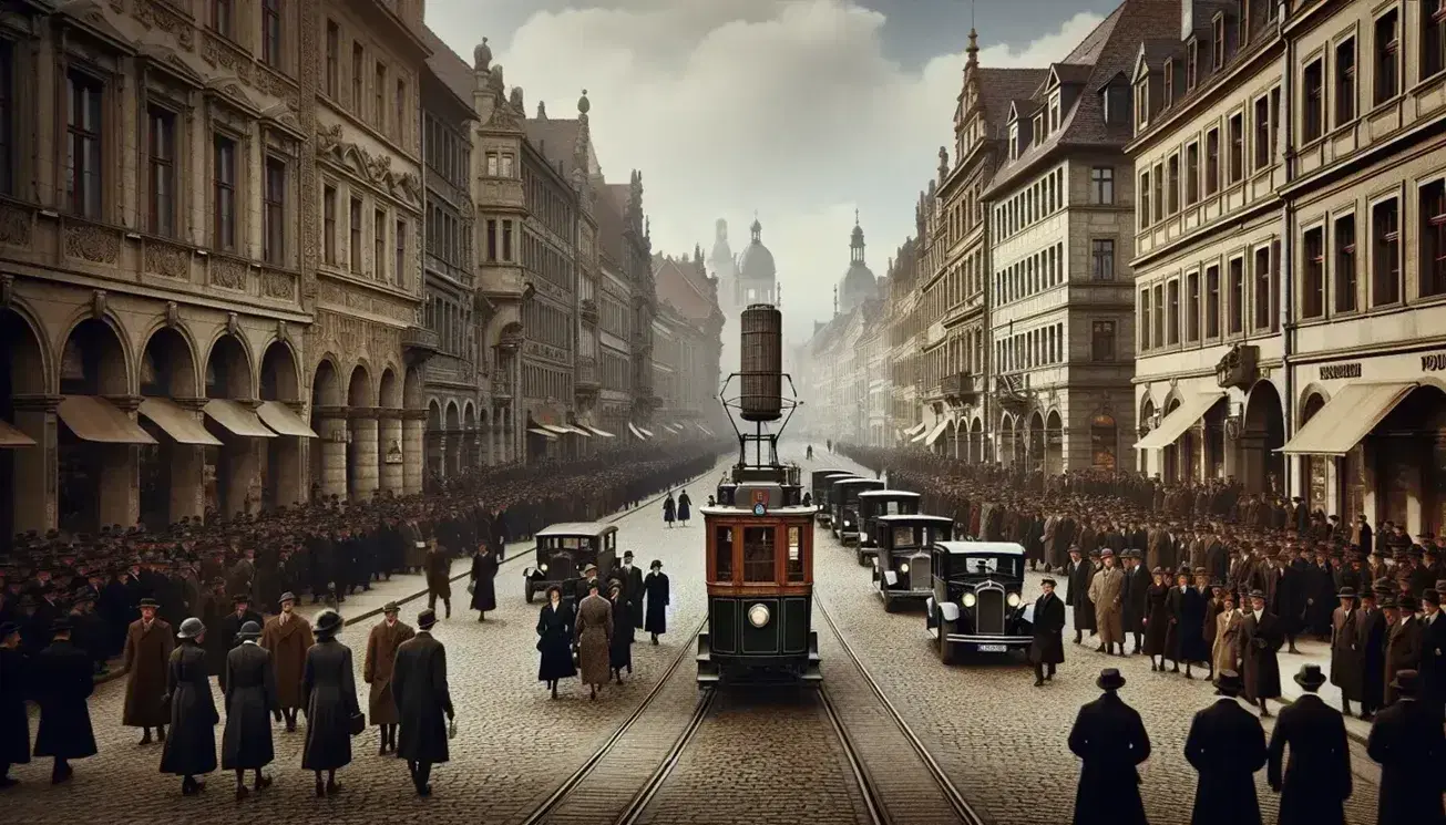 Scena urbana anni '30 in Germania con tram d'epoca, auto storiche, persone in abiti dell'epoca e tramonto su strada acciottolata.