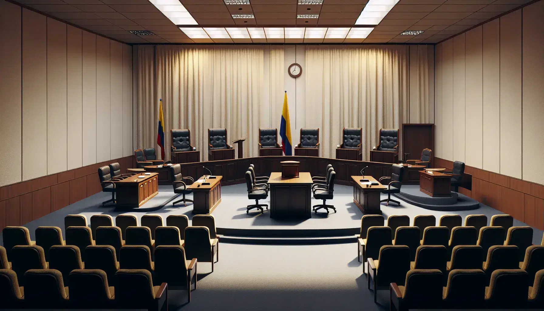 Sala de tribunal vacía con mesa central para abogados, estrado con silla para juez y bandera colombiana, podio de testigo y asientos para público o jurado.