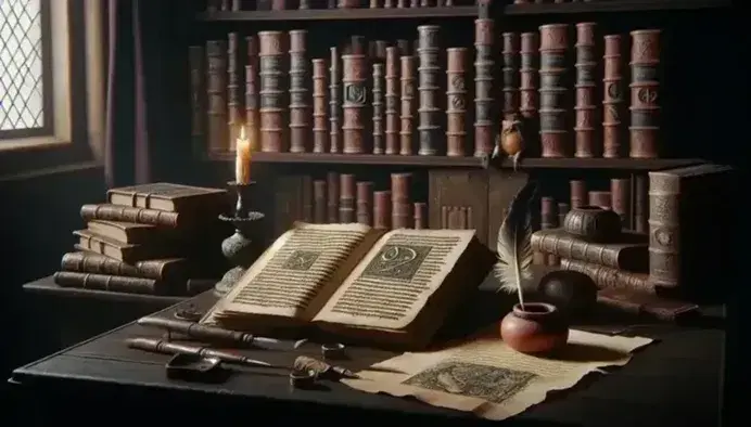 Biblioteca medieval con libro abierto sobre mesa de madera, pluma en tintero y estantería repleta de libros encuadernados en cuero, junto a vela encendida y pergamino ilustrado.
