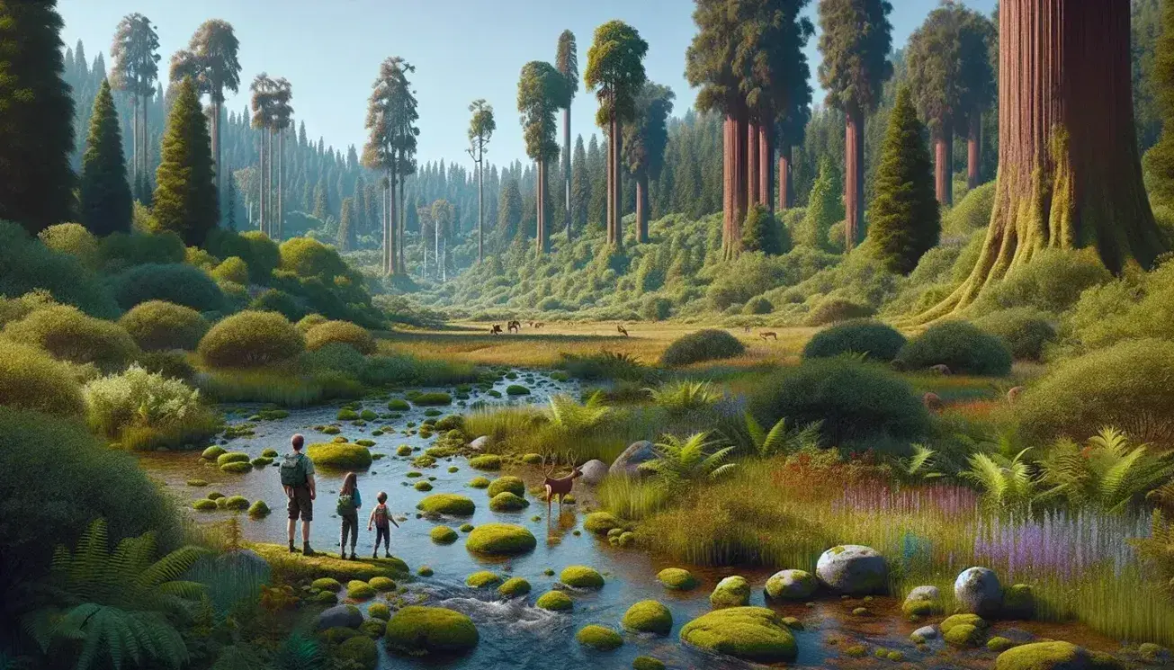 Arroyo de agua clara fluyendo entre piedras musgosas con vegetación variada, bosque denso y cielo azul, y una familia observando un ciervo bebiendo agua.