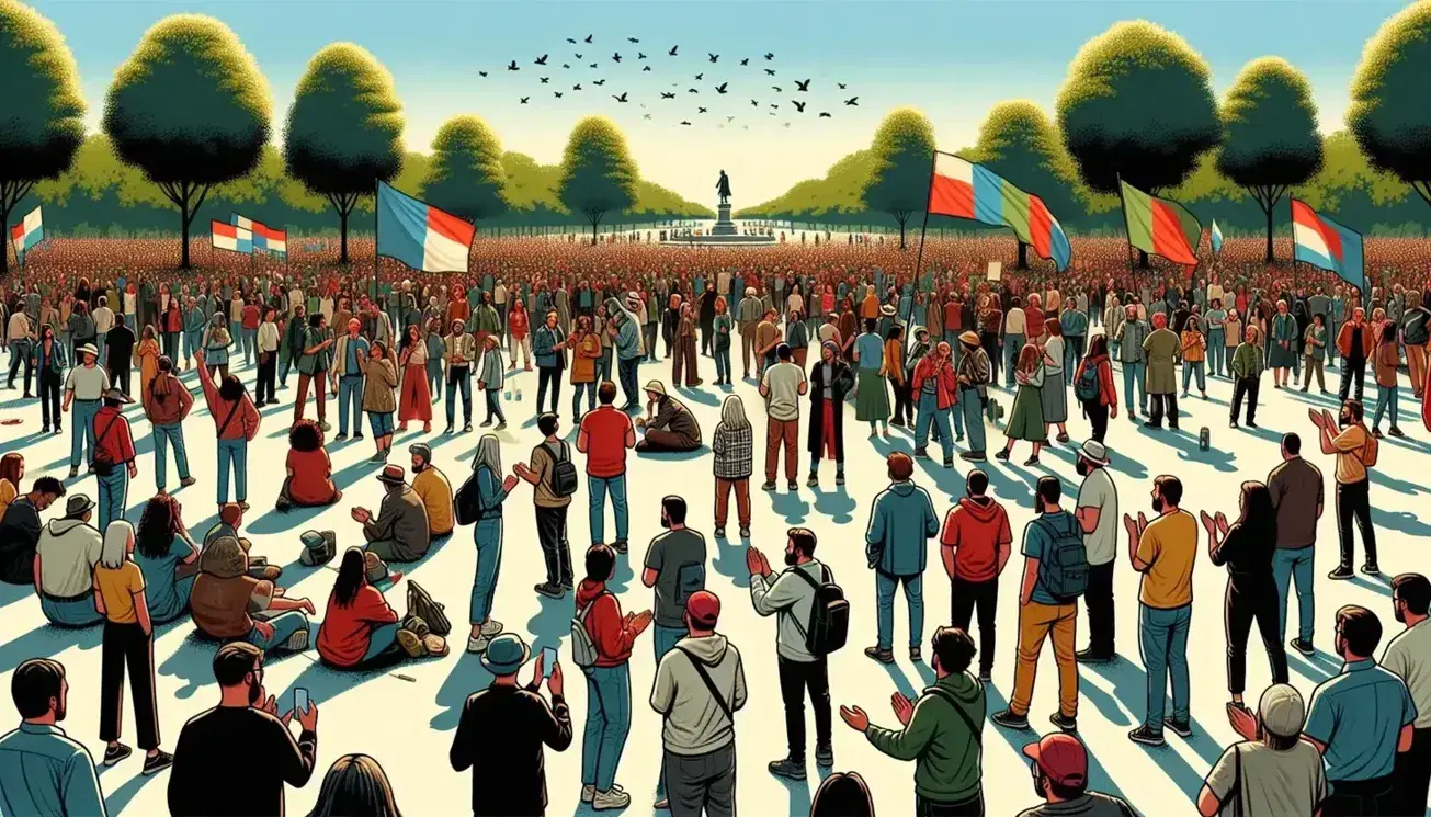 Diverse crowd gathered in a park for an event, clapping and recording with smartphones, colorful banners waving, under a partly cloudy sky.