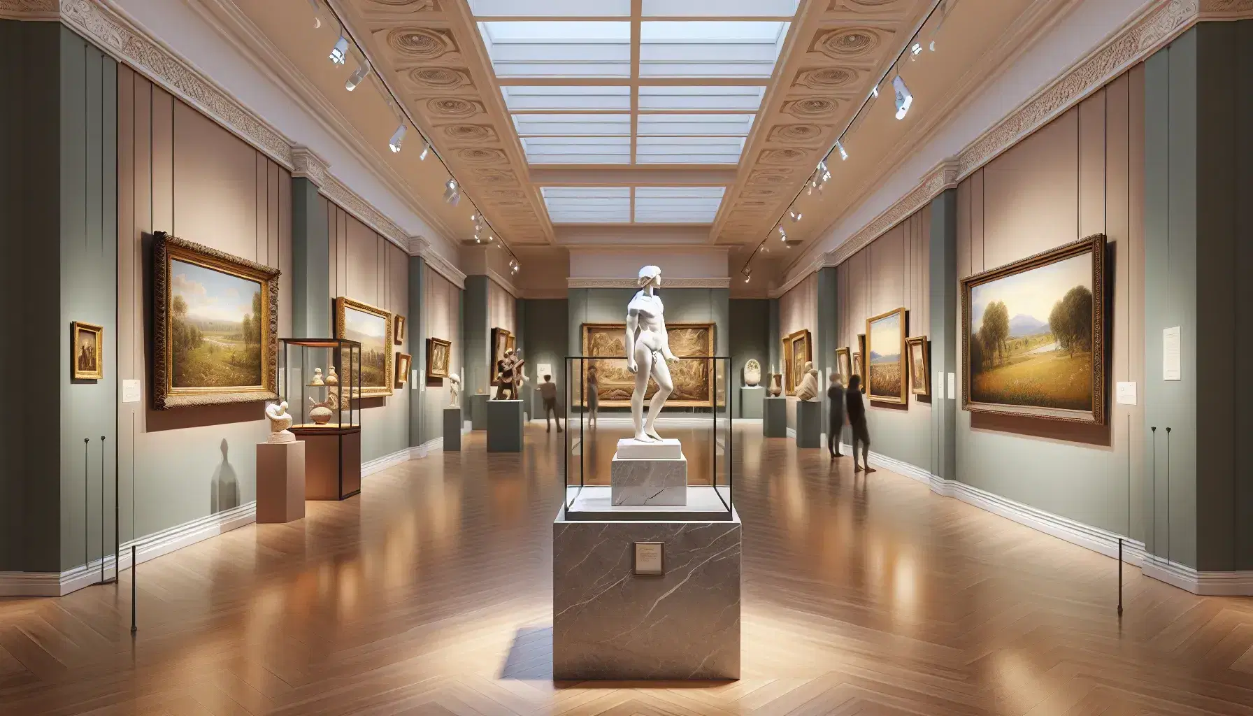 Galería de museo con escultura de mármol blanco, cuadros de paisajes y retratos enmarcados, y vitrina de artefactos antiguos bajo iluminación focalizada.