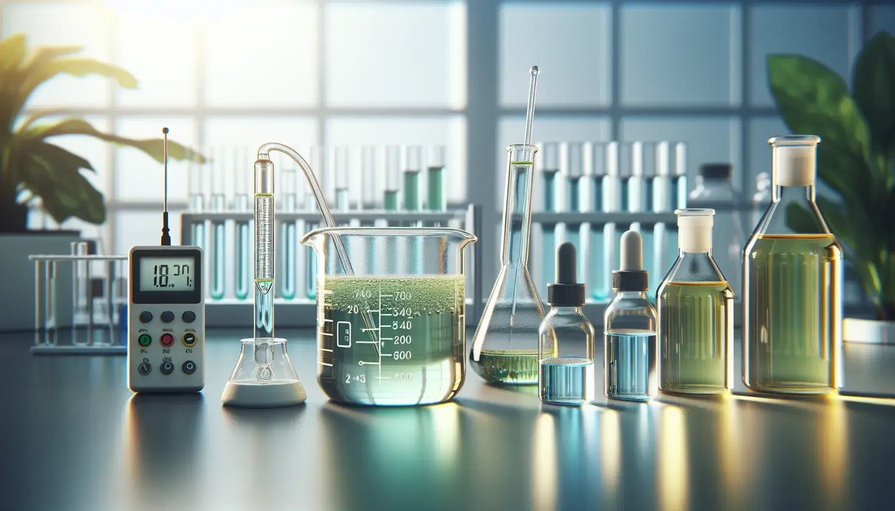 Laboratory with beaker containing light green liquid, pH meter on the left and three bottles of colored reagents on the right, blurred background with equipment.