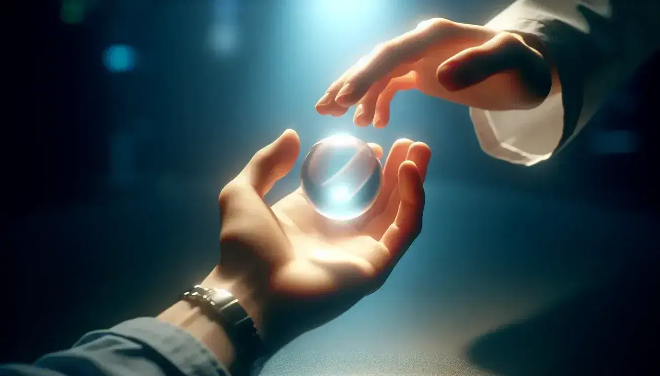 Manos humanas en gesto de entrega, una sosteniendo una esfera transparente luminosa y la otra preparándose para recibirla, sobre fondo desenfocado azul y verde.