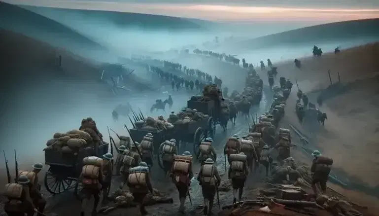 Soldati stanchi in ritirata su strada sterrata tra colline nebbiose al tramonto, con carretto militare rovesciato e alberi danneggiati.