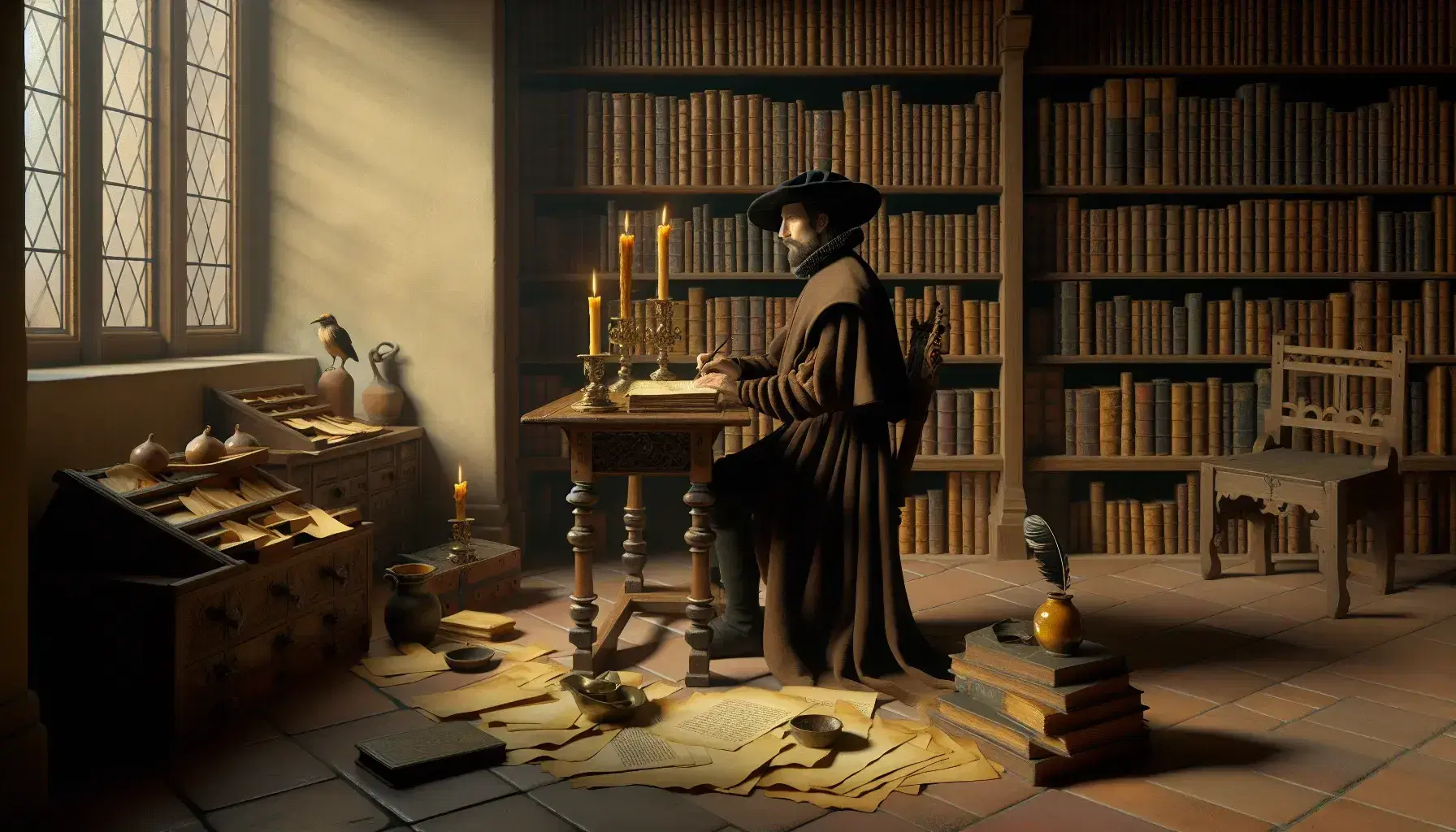 Escena renacentista con hombre sentado escribiendo y mujer de pie señalando un libro, en un estudio con estantería de libros y ventana al fondo.