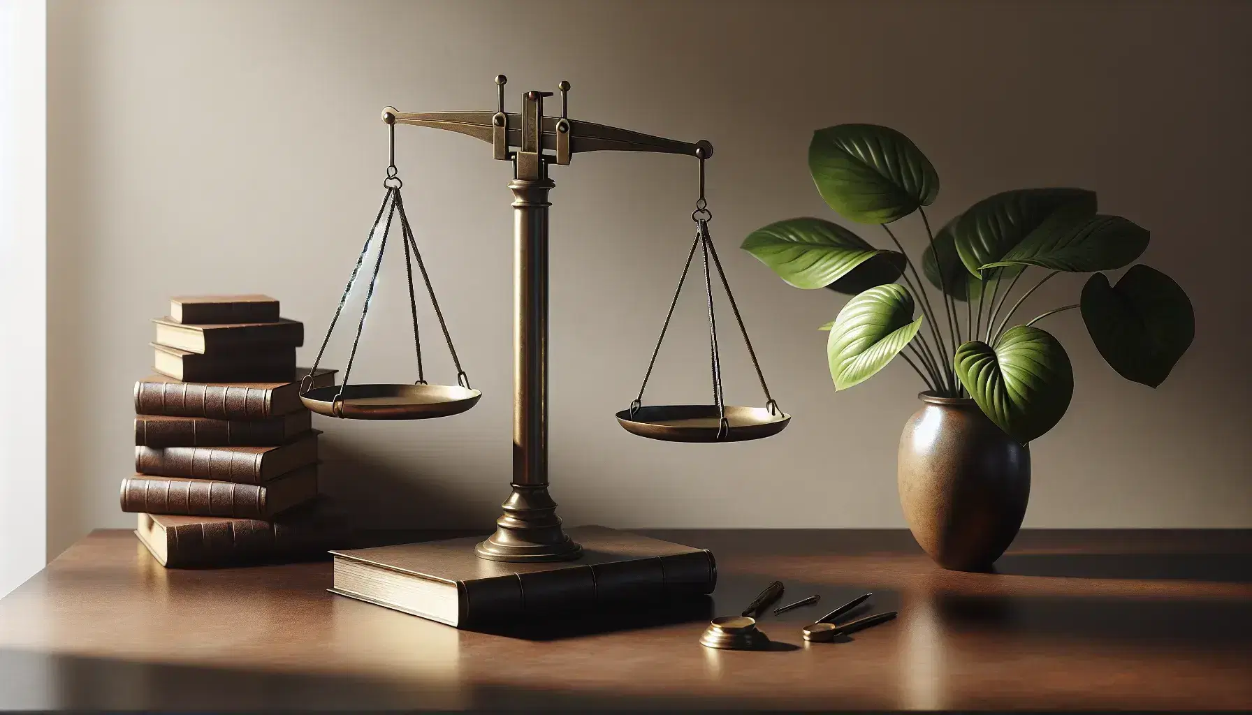 Báscula de bronce equilibrada sobre mesa de madera oscura, con libros encuadernados en cuero y planta verde, reflejando serenidad y equilibrio.