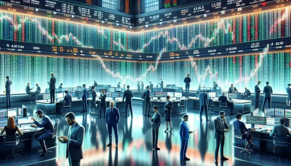 Traders in business attire engage in active stock trading on a floor with dynamic digital tickers displaying green and red bars, and computers showing market graphs.