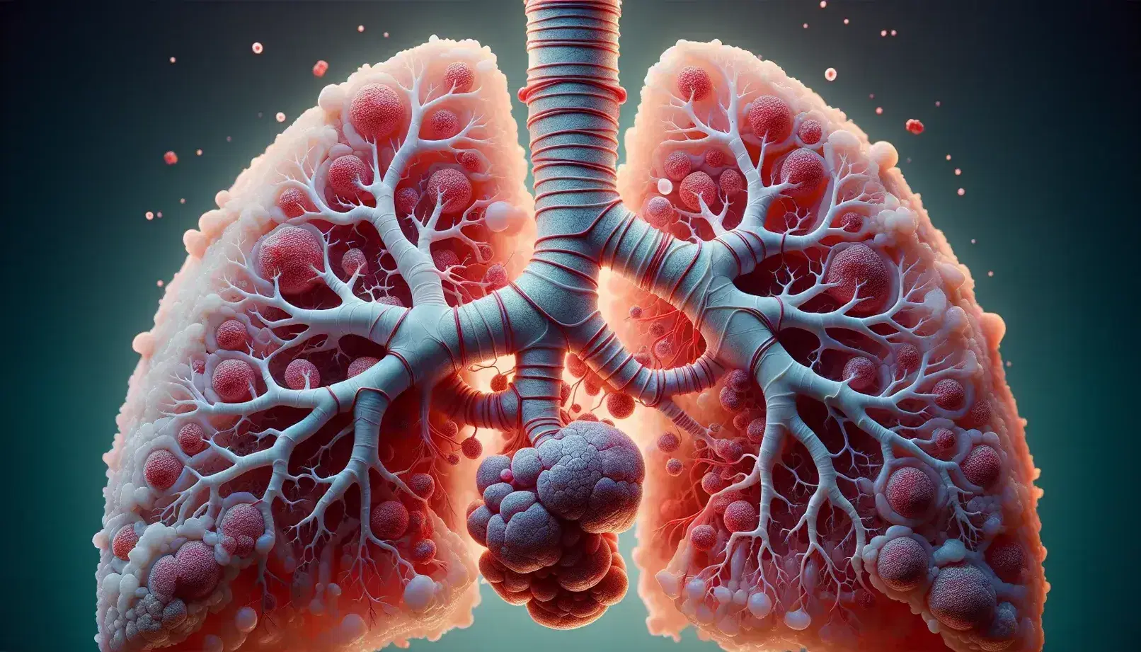 Sección transversal detallada de un pulmón humano mostrando el árbol bronquial grisáceo y alvéolos rodeados por vasos sanguíneos en tejido pulmonar.