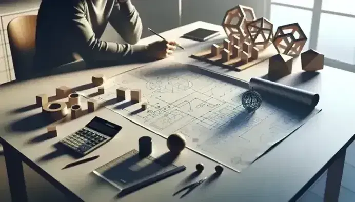 Estación de trabajo iluminada con diagrama de flujo, figuras geométricas de madera, regla, compás y calculadora, con persona analizando el plan.
