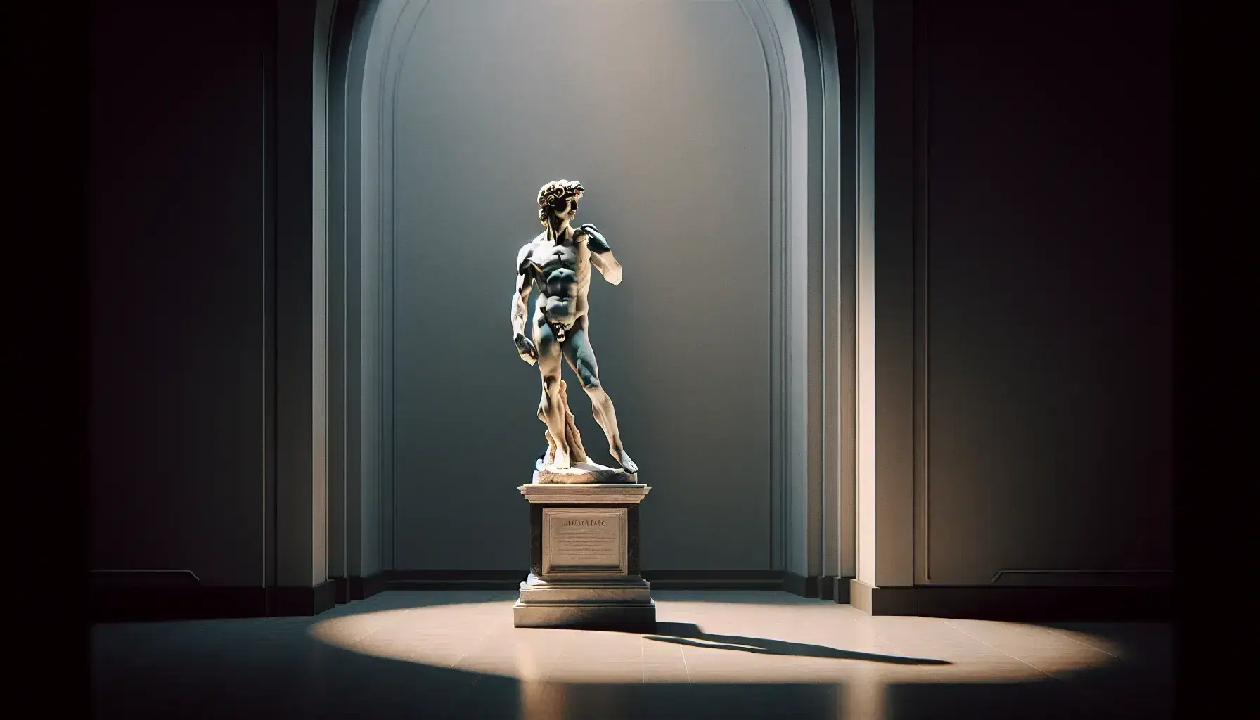 Statua del David di Michelangelo in marmo, eretto con dettagli muscolari evidenziati da luce soffusa, in ambiente museale senza distrazioni.