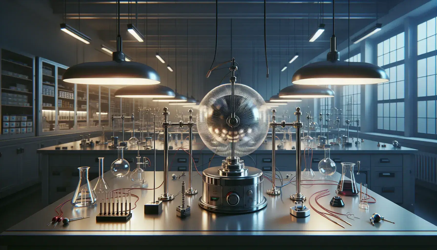 Laboratorio di fisica con generatore di Van de Graaff e piastre metalliche che mostrano filamenti indicanti un campo elettrico uniforme.