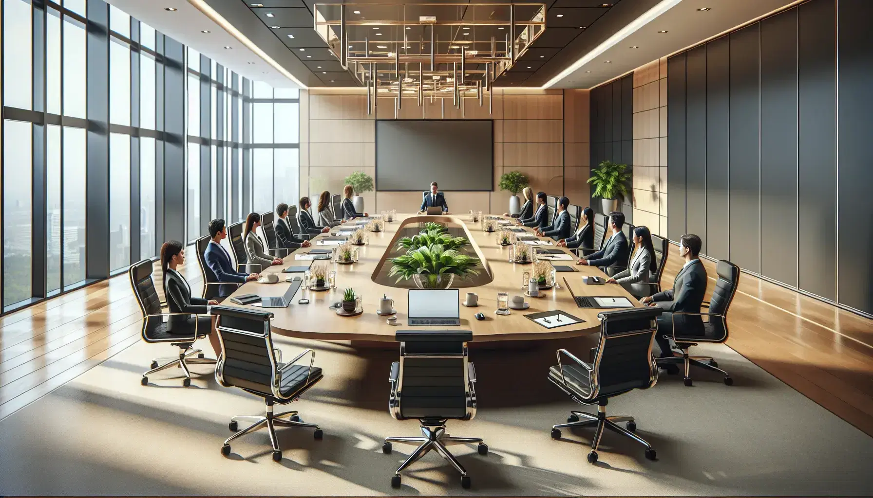Diverse group of professionals engaged in a meeting around an oval table with laptops, notepads, and a plant centerpiece in a bright conference room.