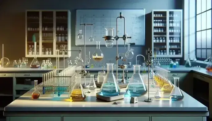 Laboratorio de química con mesa de trabajo, frascos Erlenmeyer con líquidos de colores, mechero Bunsen encendido y estanterías con recipientes.