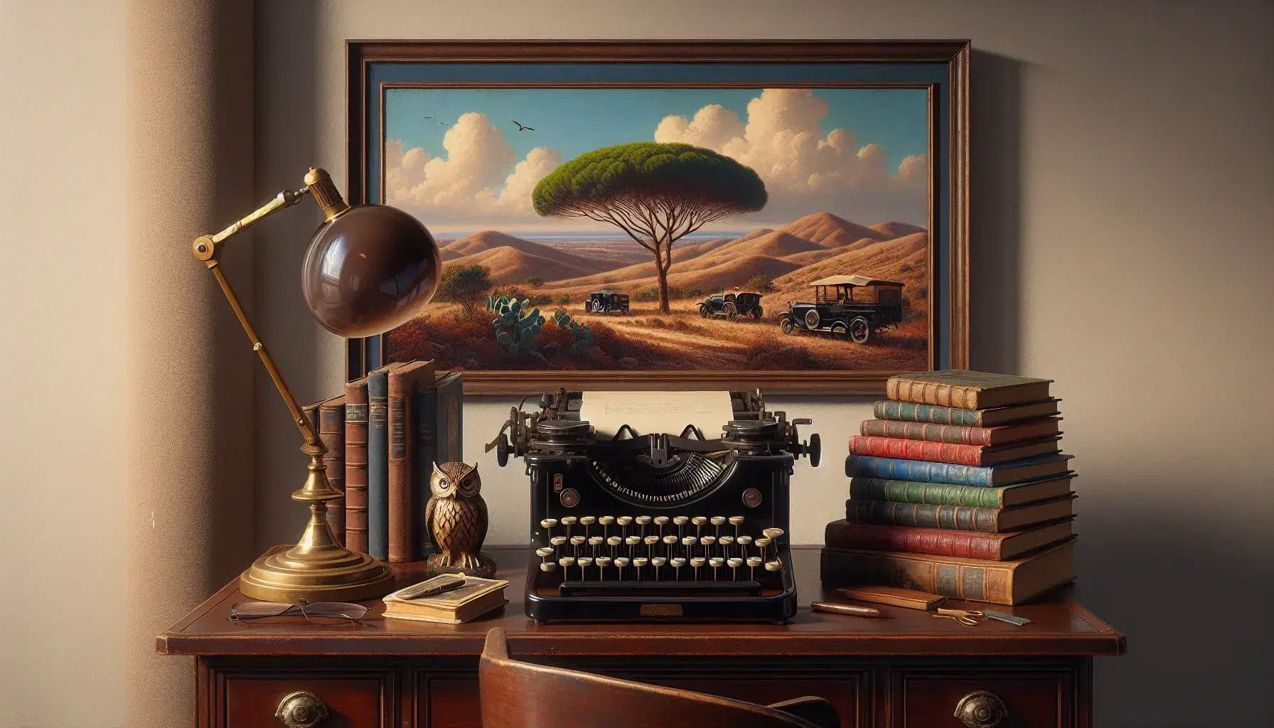 Scrivania in legno con macchina da scrivere antica, libri impilati, lampada in ottone, quadro paesaggio siciliano, statuetta gufo in bronzo e calamaio con penna stilografica.
