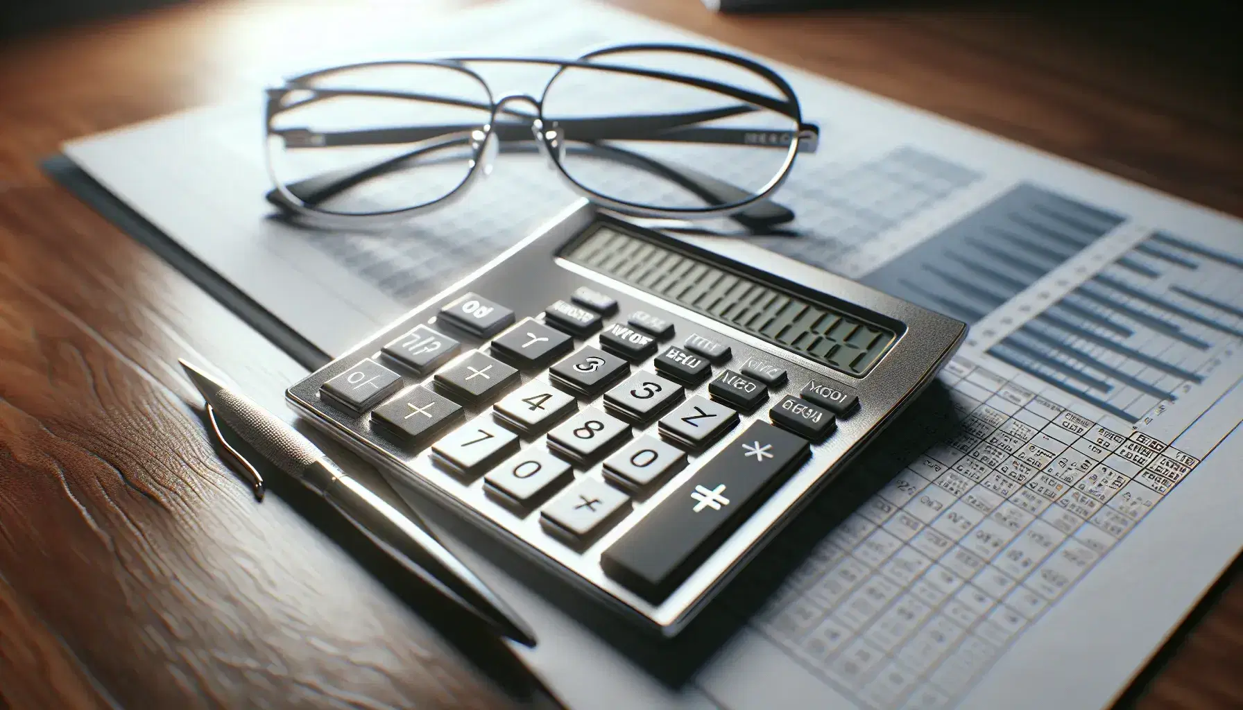 Close-up view of a calculator on a wooden desk next to eyeglasses, with blurred financial charts in the background, suggesting business analysis.