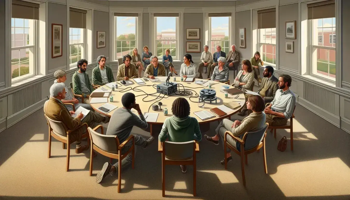 Multi-ethnic group of people sitting around a round table discussing with papers and pens, recorder in the center in a lighted room.