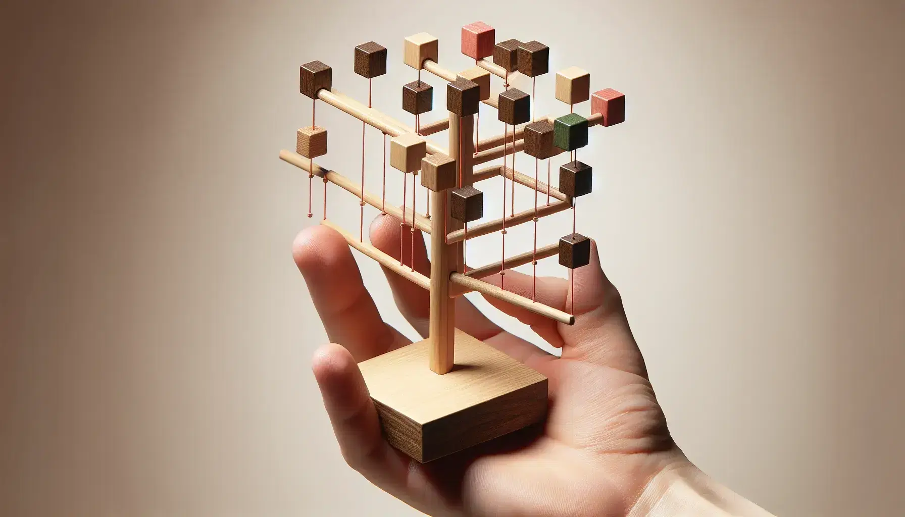 Mano sujetando modelo tridimensional de árbol de decisión con bloques de madera que representan nodos y hojas de colores verde, rojo y amarillo.