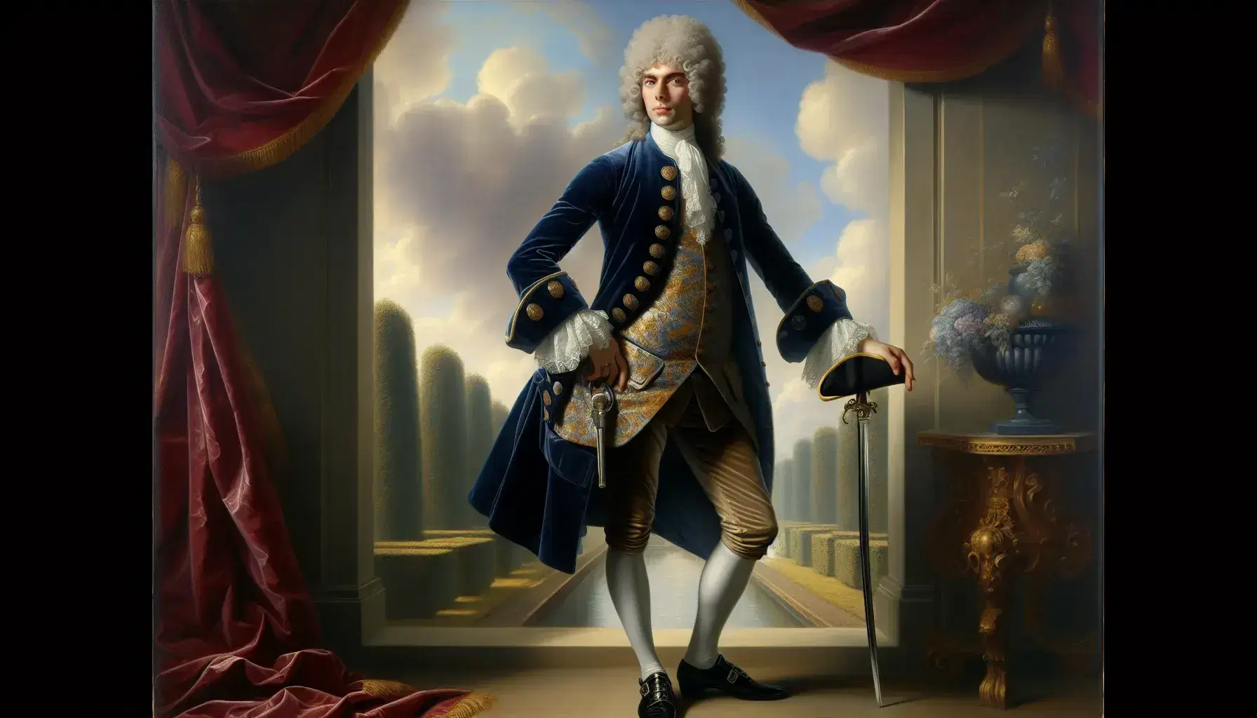 Retrato al óleo de hombre del siglo XVIII con peluca blanca, abrigo azul terciopelo y jardín formal de fondo.