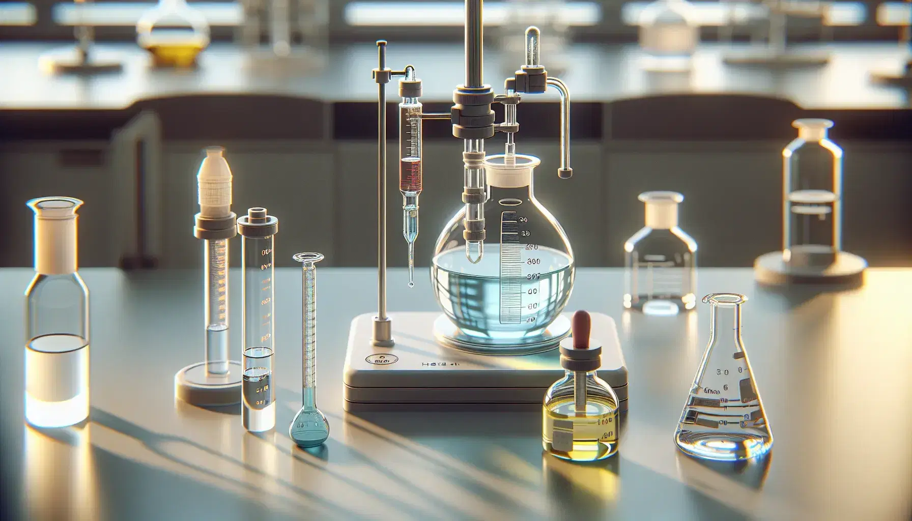 Laboratorio con instrumentos de medición volumétrica, bureta con líquido azul, pipeta con líquido rojo y bureta con amarillo, en ambiente profesional.