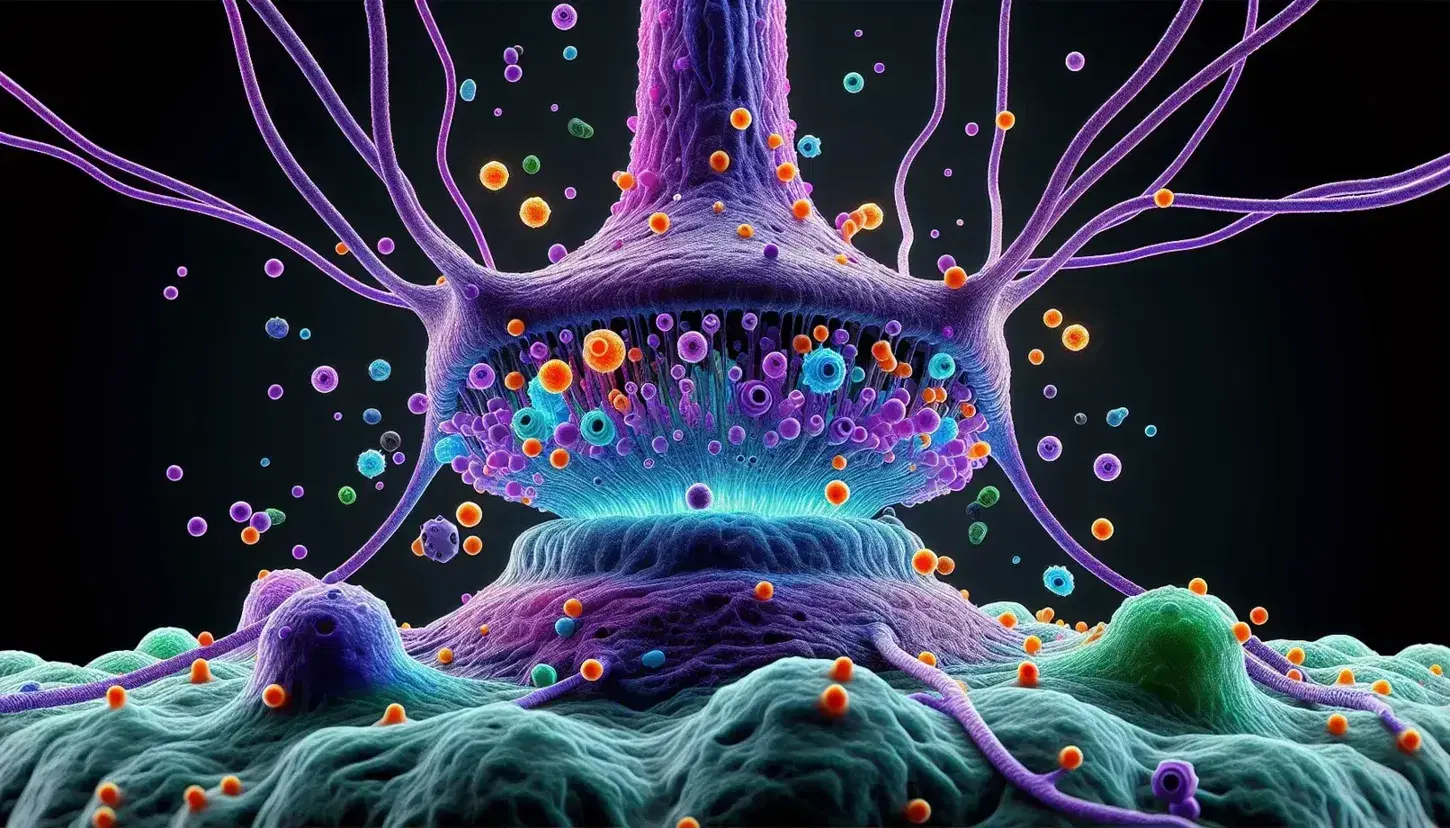 Representación tridimensional detallada de una sinapsis neuronal con terminal axónico azul y vesículas liberando moléculas en la hendidura sináptica hacia receptores en la neurona postsináptica verde.