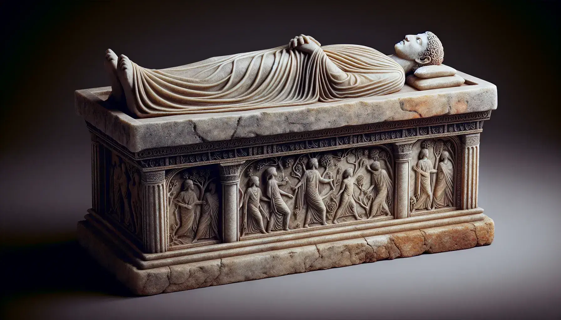 Ancient Greco-Roman stone sarcophagus with flat lid and sculpted effigy, decorated with bas-reliefs of mythological scenes and divine figures.