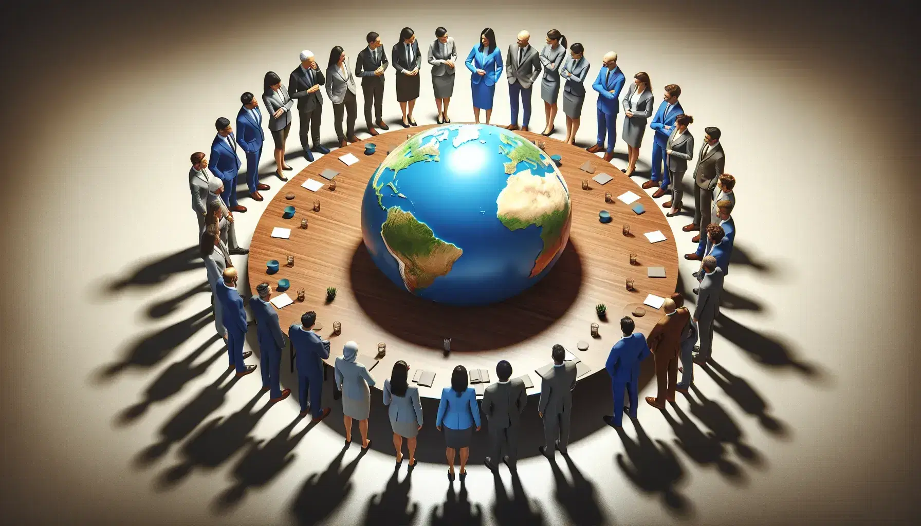 Grupo diverso de profesionales en trajes de negocios discutiendo alrededor de una mesa con un globo terráqueo en el centro, simbolizando colaboración global.