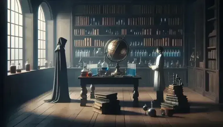 Dos personas en un laboratorio antiguo, una con bata blanca y probeta azul y la otra con túnica y esfera armilar, entre libros, microscopio y frascos en estantería.
