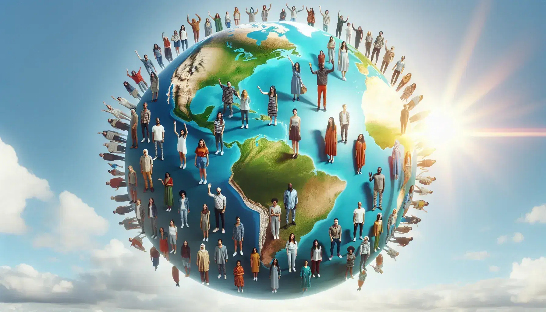 Grupo diverso de personas de distintas edades y etnias de pie sobre un globo terráqueo sin fronteras, celebrando bajo un cielo despejado.