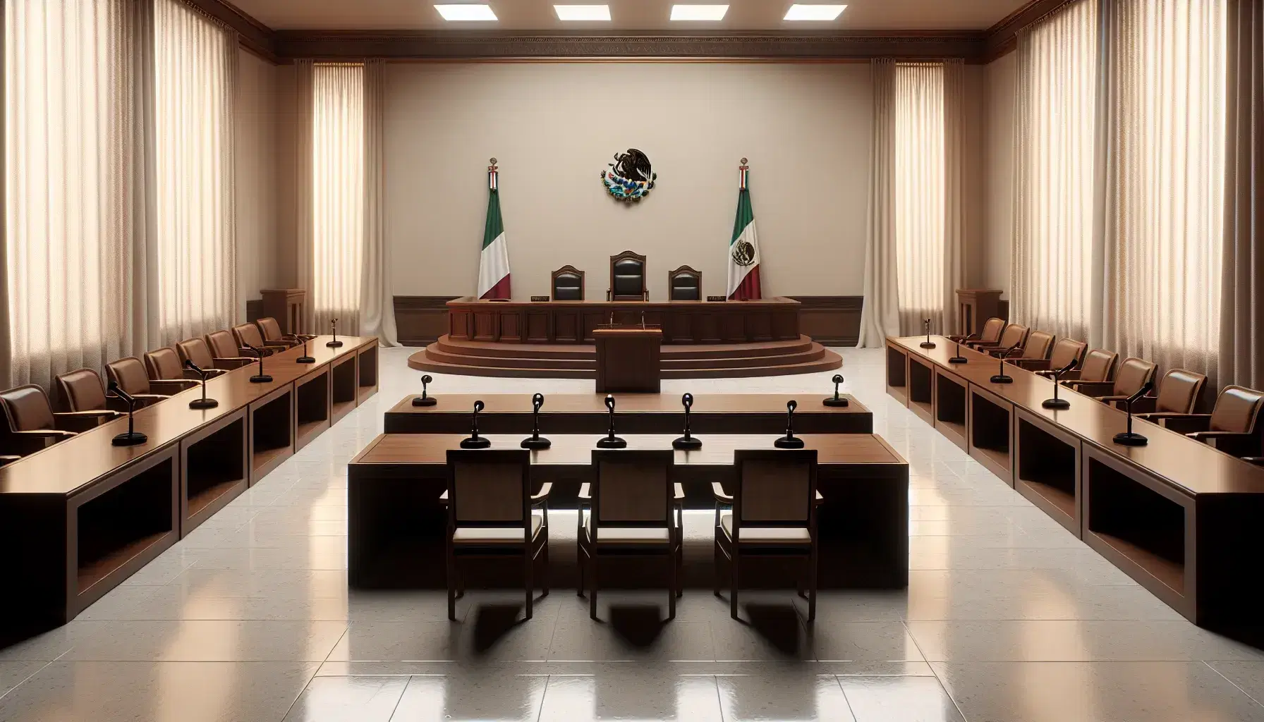 Sala de tribunal vacía con mesa central de madera oscura, silla elevada para juez, mesas enfrentadas con micrófonos, bancas para público y bandera de México.