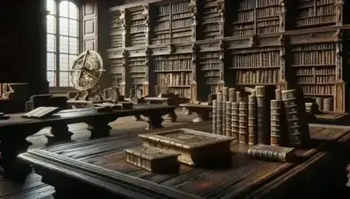 Biblioteca antigua con mesa de madera oscura, libros de cuero desgastados, estantería repleta y esfera armilar metálica bajo luz natural.