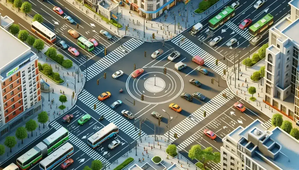 Vista aérea de intersección vial urbana con vehículos, semáforos y peatones, rodeada de edificios y vegetación en día despejado.
