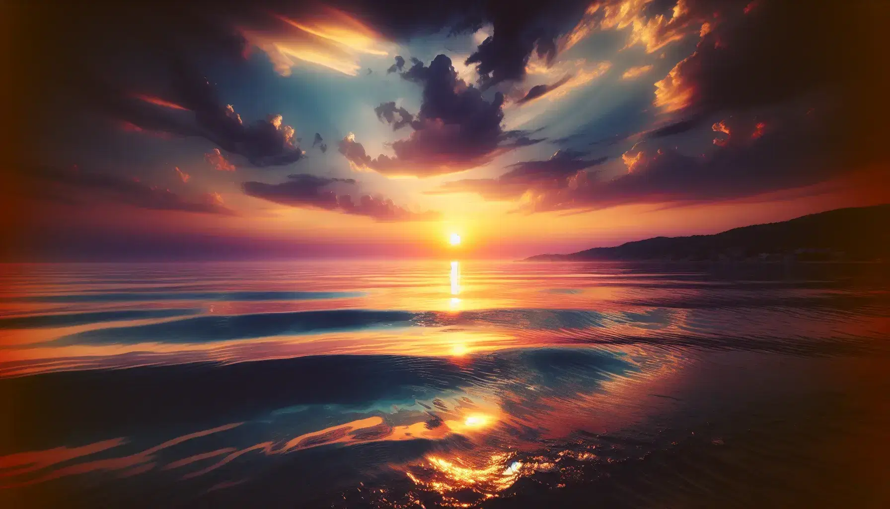 Tramonto sereno sul mare con cielo colorato riflesso nell'acqua, sole al centro dell'orizzonte e spiaggia con ciottoli.