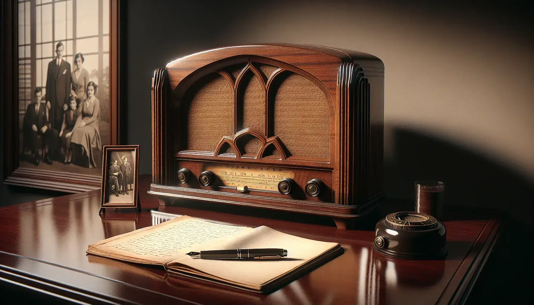 Vintage 1930s cathedral-style radio on a wooden table with a blank notebook, fountain pen, and a sepia family photo in the background.