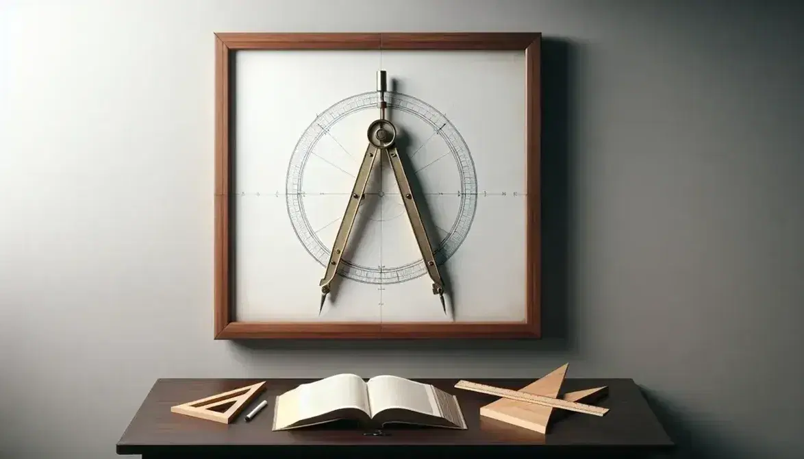 White board with brass compass drawing a circle, wooden ruler, open book and geometric shapes on brown table.