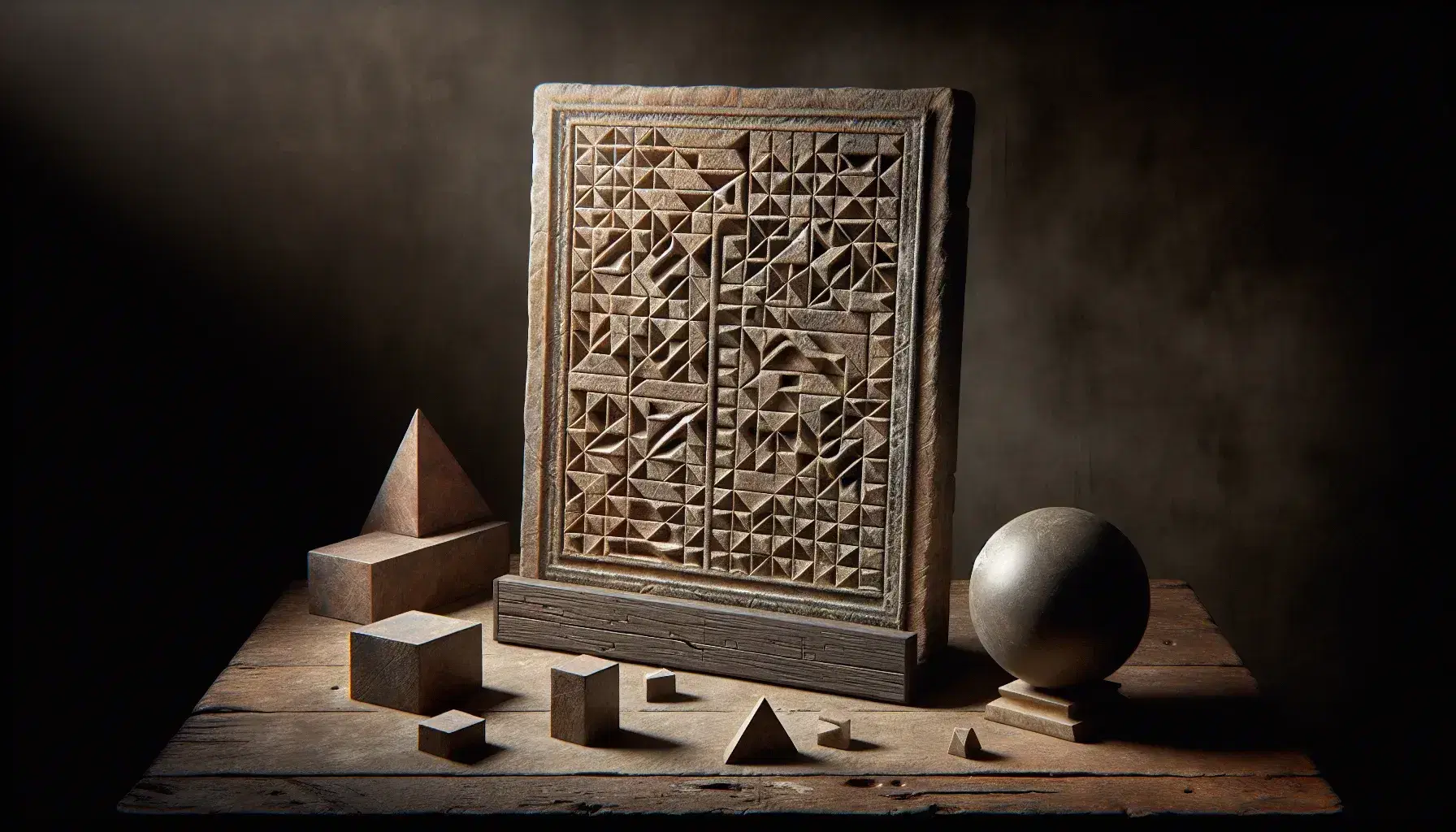 Ancient stone tablet with geometric carvings on wooden stand, surrounded by solid geometric shapes on dark table.