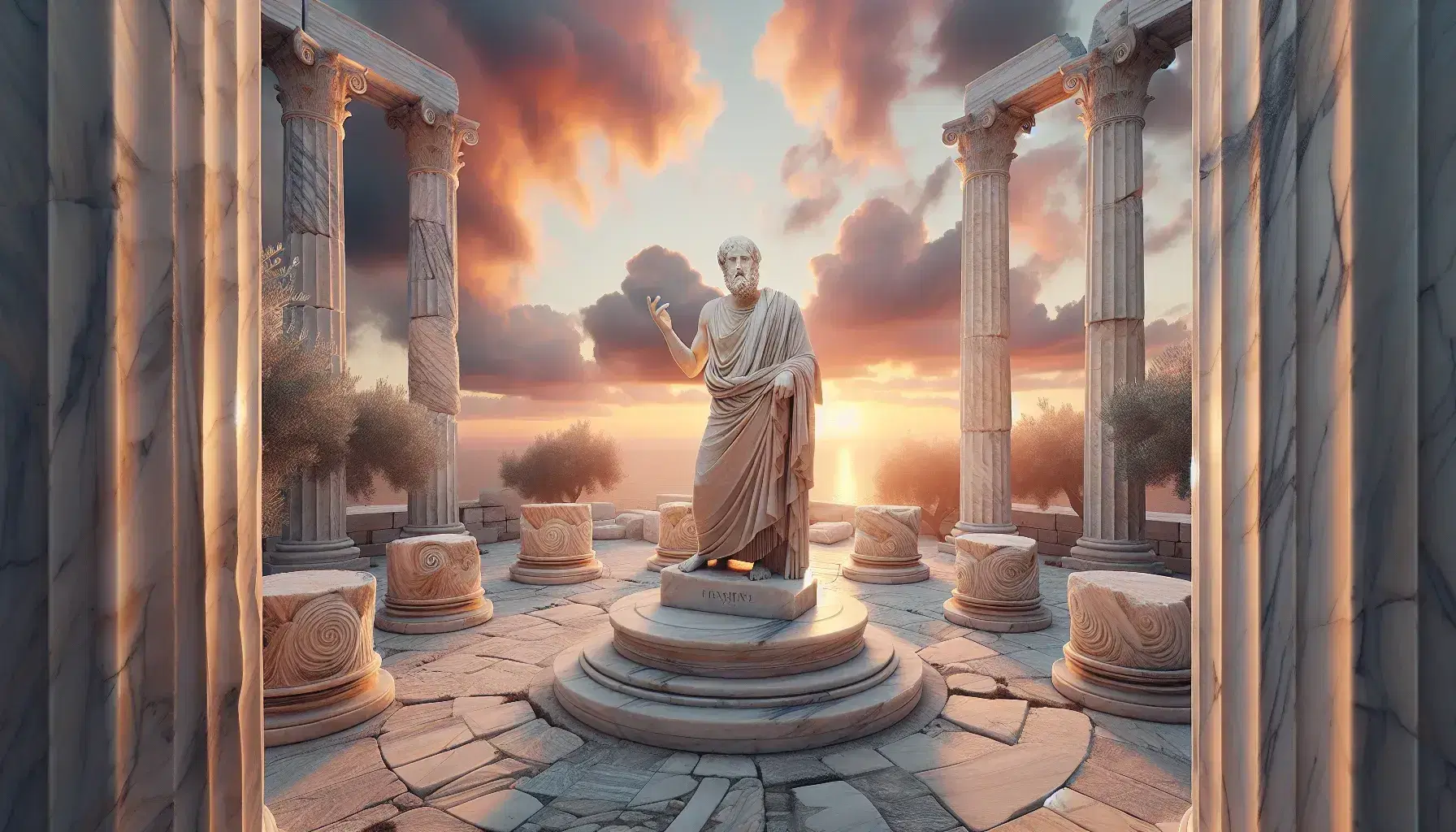 Statua di filosofo presocratico con tunica e barba su base rotonda in un'agora greca al tramonto, circondata da colonne doriche e ulivi.