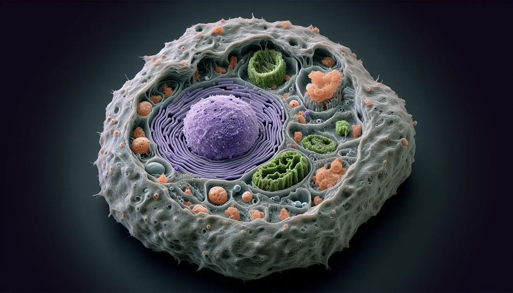 Vista microscópica de célula animal con núcleo morado, nucleolo violeta, mitocondrias naranjas, retículo endoplásmico y membrana plasmática.