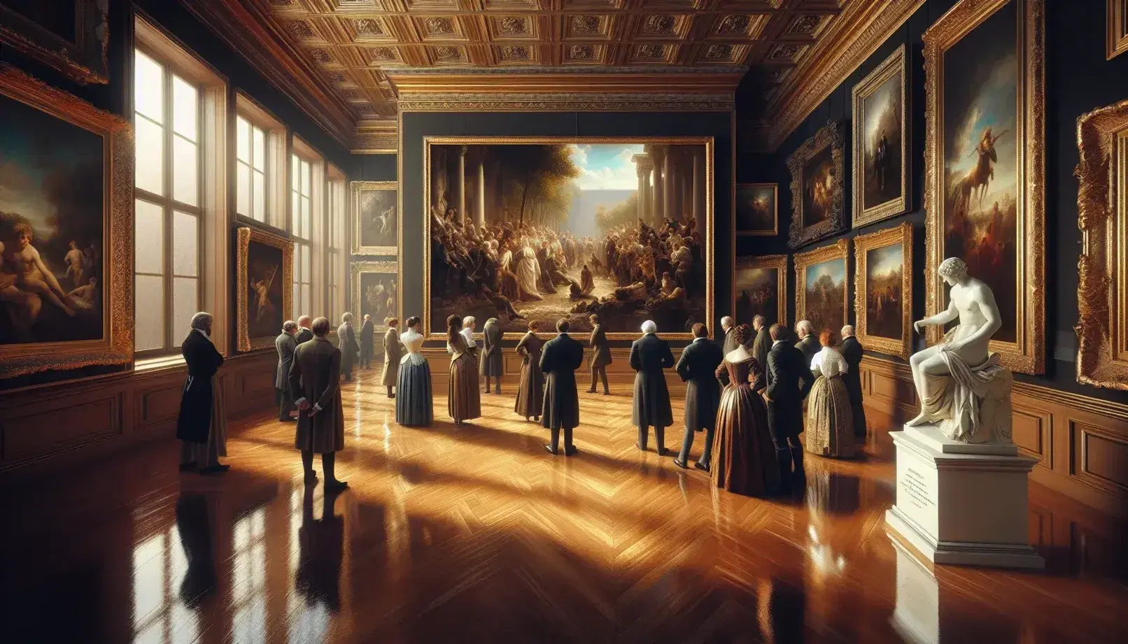 Gruppo di persone in abiti d'epoca osserva quadri in una galleria d'arte ottocentesca, luce naturale illumina statue e dipinti.