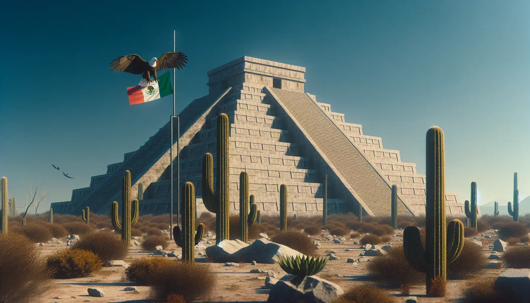 Pirámide escalonada de piedra gris bajo cielo azul intenso, con bandera de México ondeante y águila posada en nopal a la derecha.